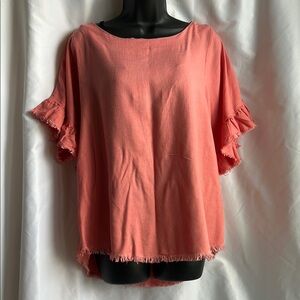 Umgee Coral Pink Frayed Ruffle Sleeve Blouse